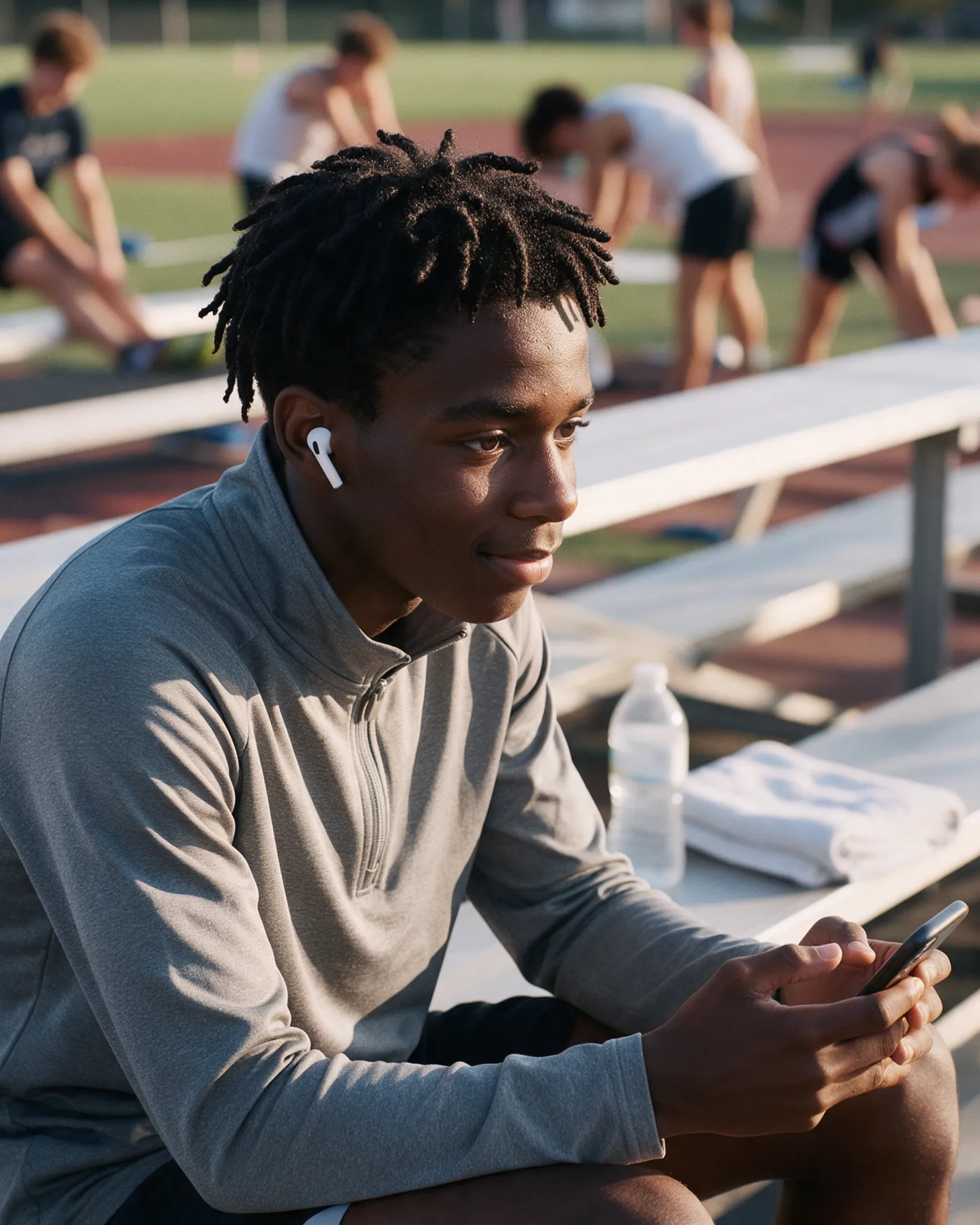 A runner on the bleachers after practice, answering questions on his phone, a towel beside him.