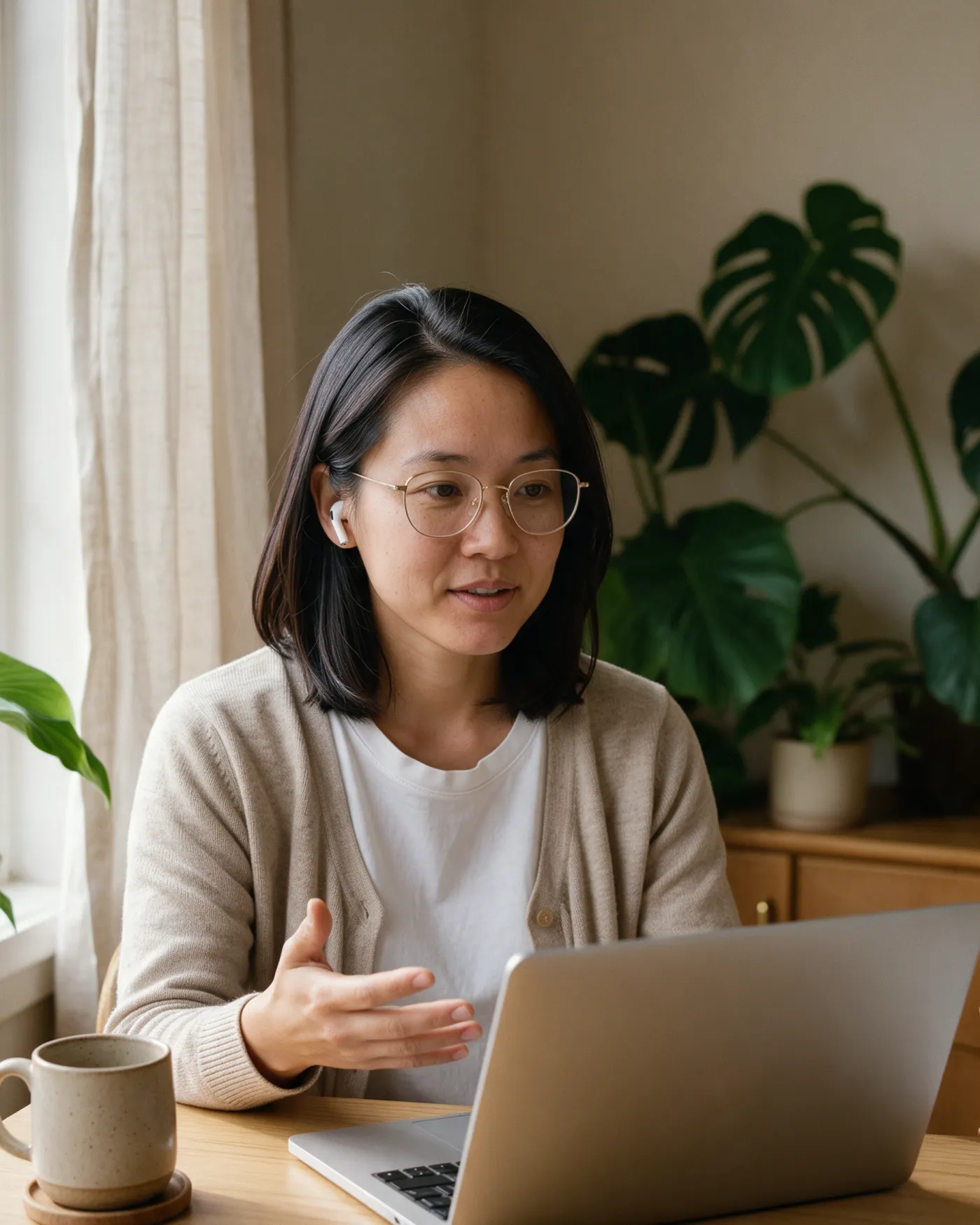 A tutor at her desk at home, mid-explanation on a video call, one hand open as she makes a point.