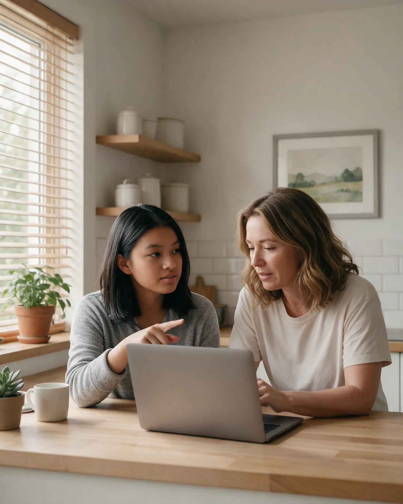 A parent and her daughter at a kitchen counter, looking at a laptop together, the daughter pointing at something.