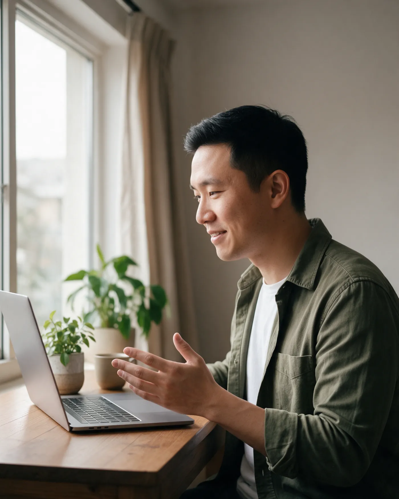 A tutor at home, mid-explanation to a student on a video call, one hand raised to make the point.