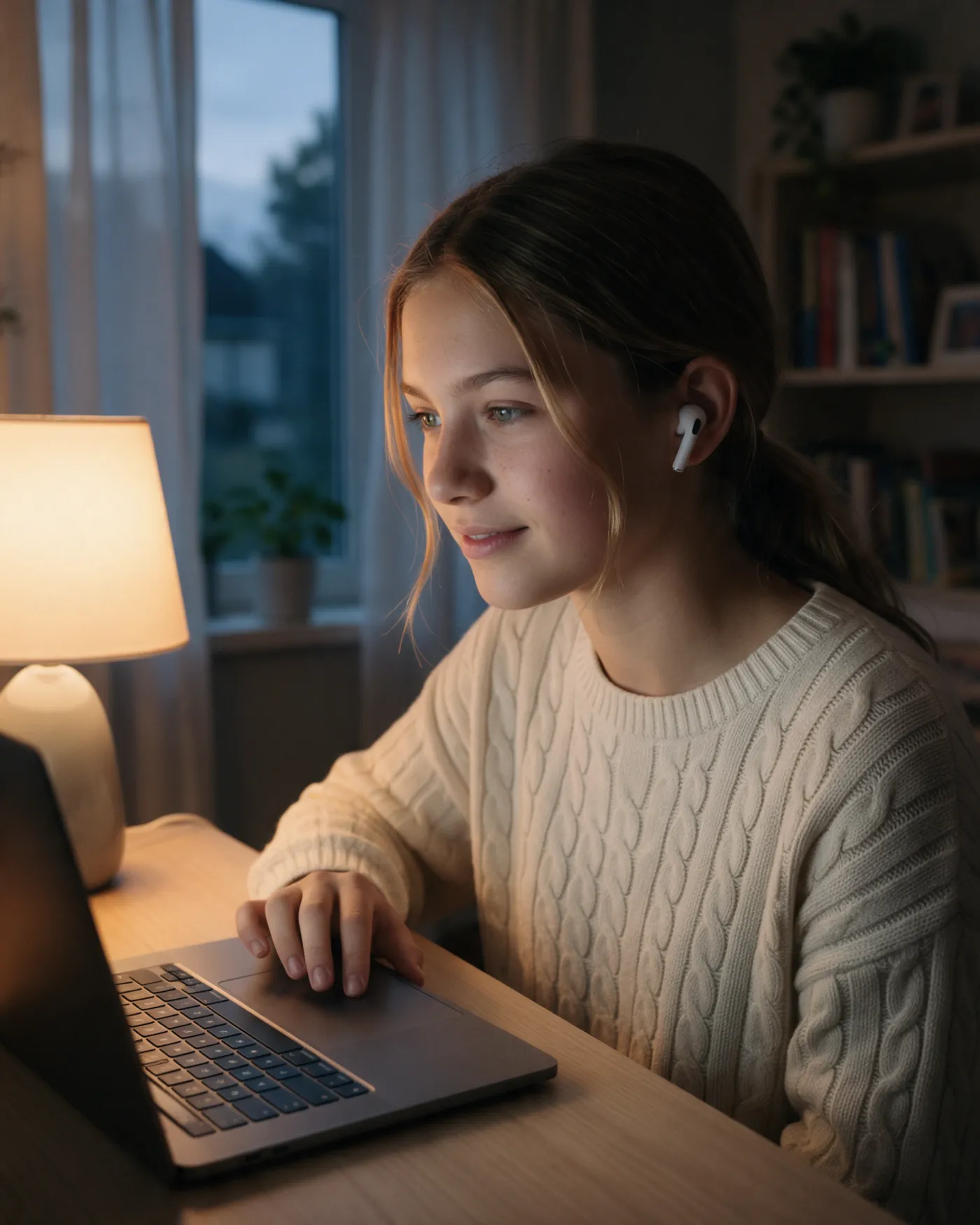 A student at her desk in the evening, in a live online class on her laptop, earbuds in, smiling at something the tutor said.