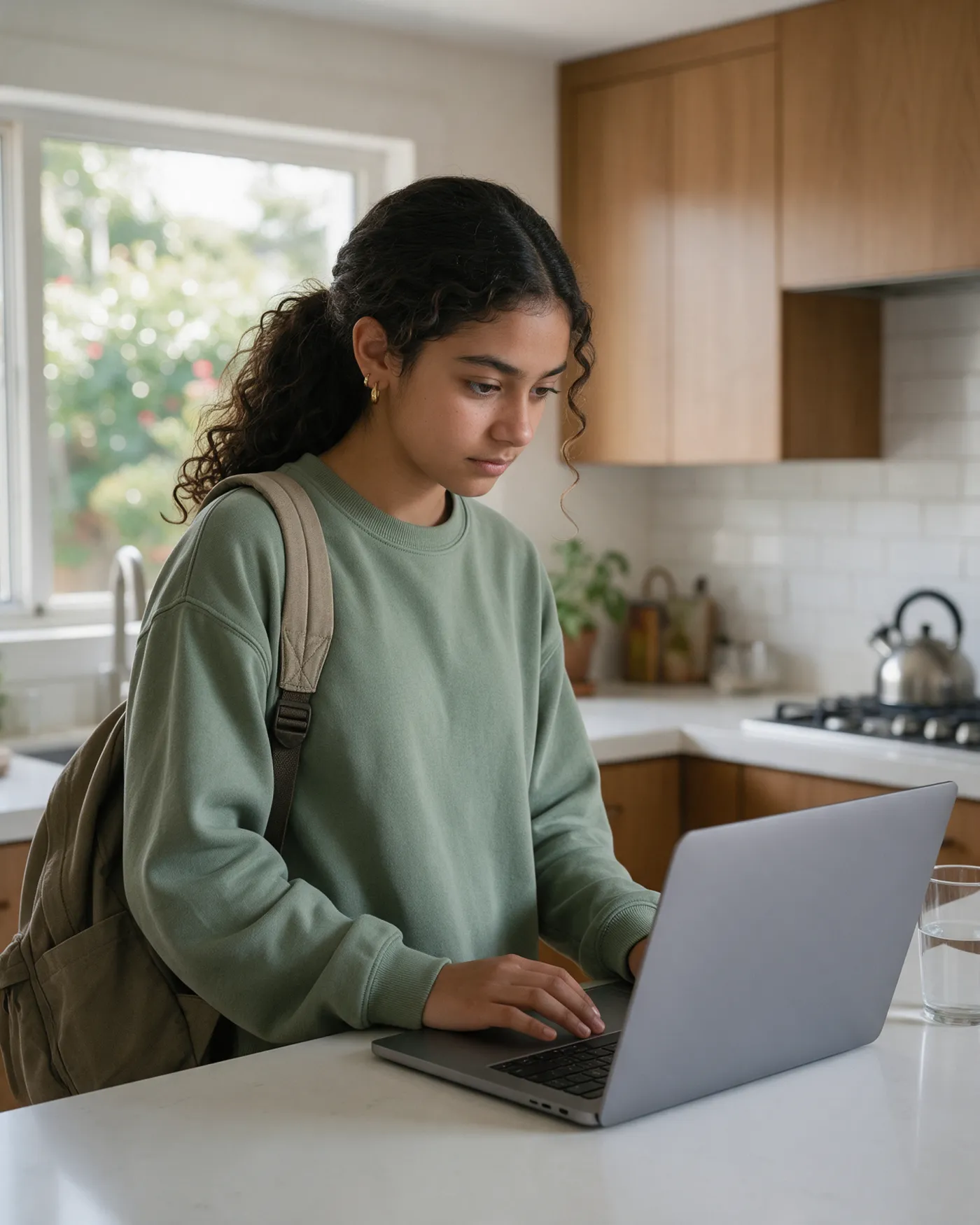 A student just home from school, backpack still on one shoulder, opening her laptop at the kitchen counter.