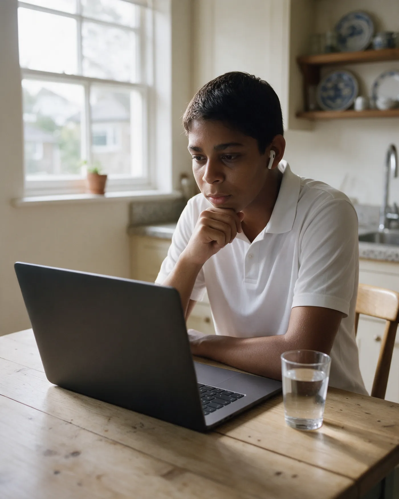 A student at a kitchen table, chin on his hand, working through a timed practice test on a laptop.